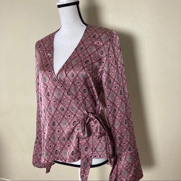 Chelsea28 Wrap Tie Pink Printed Bell Sleeves Top - Picture 9 of 11